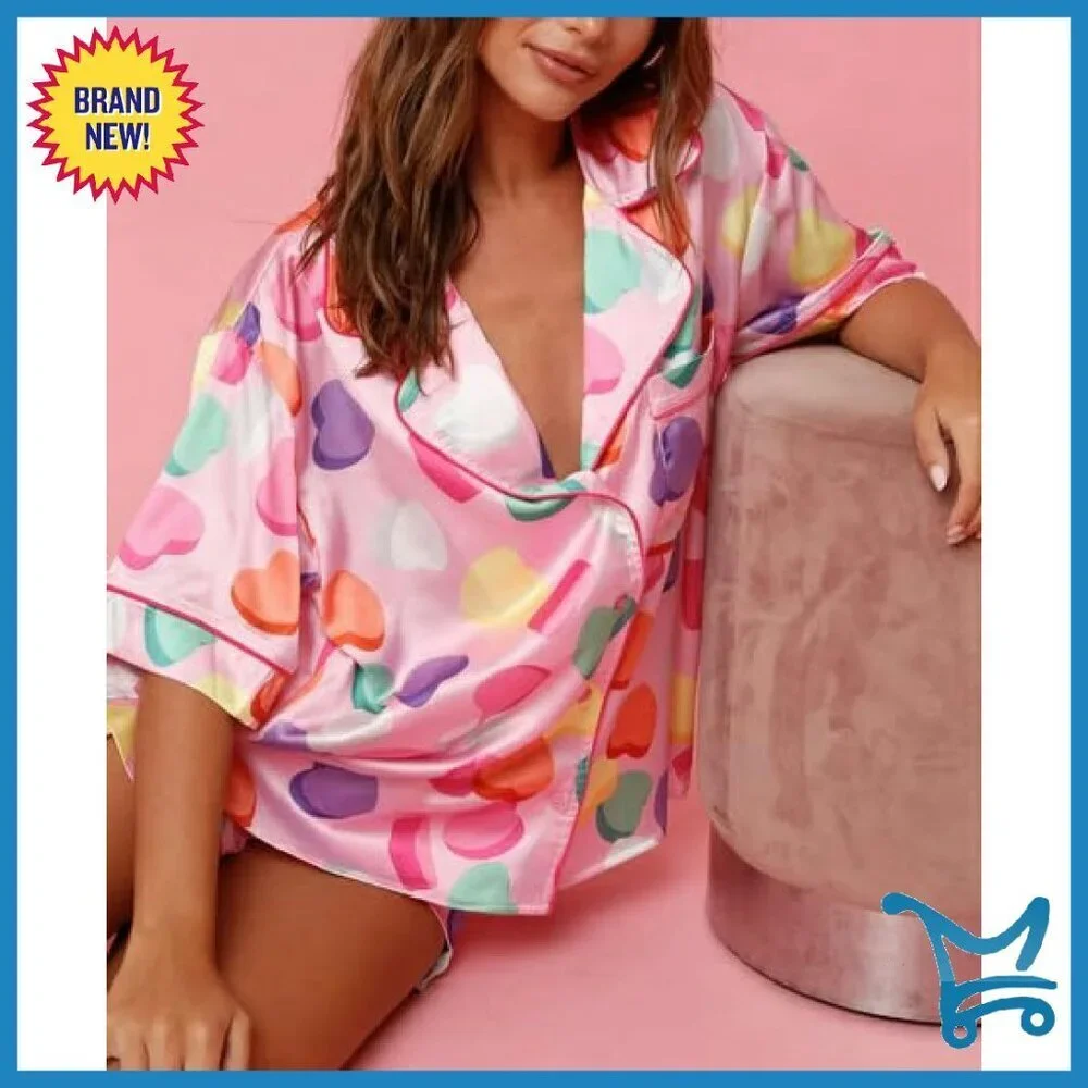 Women's 2-Piece Cotton Pajama Set Short Sleeve Button Down Shirt Matching Shorts